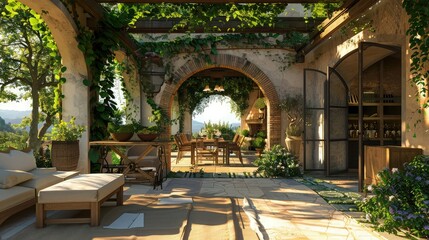 A romantic Tuscan patio area with a vine-covered archway leading to a secluded seating area, perfect for intimate dinners or quiet afternoons with a book.