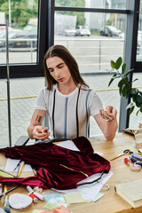 A young man sits at his desk, carefully examining a spool of thread, surrounded by fabric scraps...