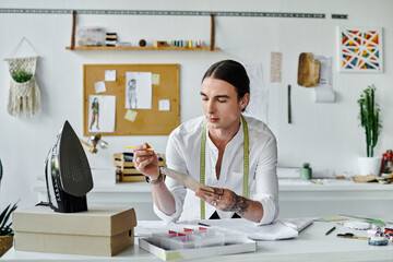 A young man meticulously examines a piece of fabric, ready to transform it into something new at...