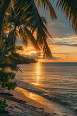 Palm trees stand against a setting sun on a beach with calm waters reflecting the skys warm hues