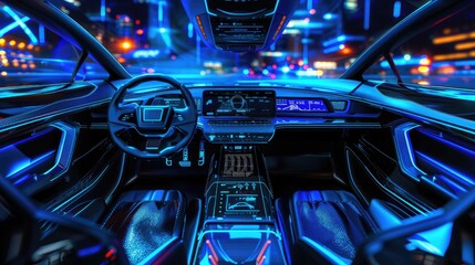 Interior of a futuristic electric car, autonomous futuristic car dashboard concept with HUD and hologram screens and infotainment system