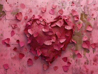 A heart made of pink paper is scattered on a pink background