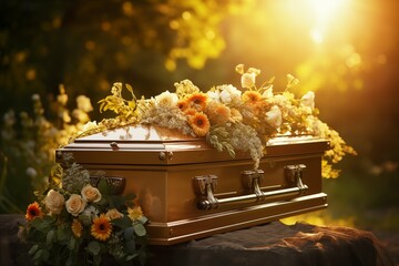 The coffin is decorated with flowers. Funeral. Funeral services. Funeral decoration and organization services. Burial