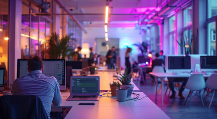 Digital agency office, with laptops, and people, purple light. Generative AI.