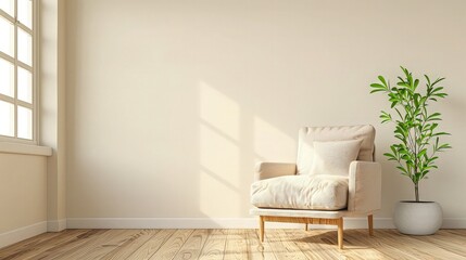 A Scandinavian living room with a textured beige armchair, wooden flooring, and a simple green plant adding a touch of nature to the clean, airy space. 3D illustration.