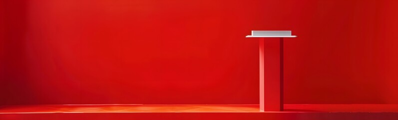 Obraz premium Pedestal of platform display with modern stand podium on red room background. Blank Exhibition stage backdrop or empty product shelf. 3D rendering