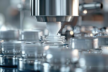 Filling Machine A clean, minimal scene showcasing a machine filling cosmetic cream into jars