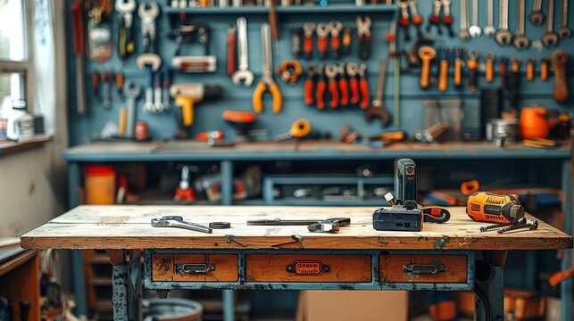 A workbench in a tool room with pliers, wrenches, and other tools on the tabletop. Generative AI.