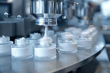 Filling Machine A clean, minimal scene showcasing a machine filling cosmetic cream into jars