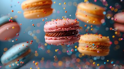 Colorful macarons flying through the air with confetti on a white background. High quality photo