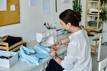 A young man in a white shirt works diligently in his atelier, meticulously sewing a piece of fabric...