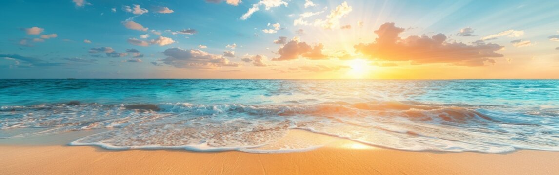 The sun is low on the horizon, casting a warm glow over the ocean waves and white sandy beach