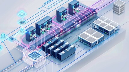 A detailed schematic diagram illustrating the principles of fiber optic technology, showcasing the transmission of data through optical fibers