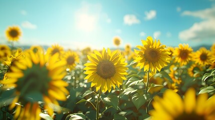 Obraz premium Idyllic Field of Sunflowers Under a Bright Blue Sky Capturing the Vibrant Beauty of Nature s Euphoria