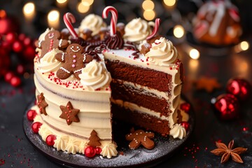 festive cake topped with decorative gingerbread men, candy canes, and piped frosting, with a slice cut out revealing the layers inside