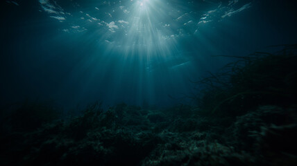 Sun rays penetrating the rocky ocean floor carved by the wave. Underwater photography. Landscape. Cinematic mood.