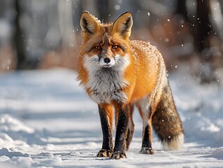 Obraz premium Solitary Fox Prowling Through a Snow-Covered Forest