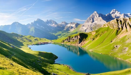  High-angle view of a serene alpine lake surrounded by jagged mountain peaks, reflecting the clear...