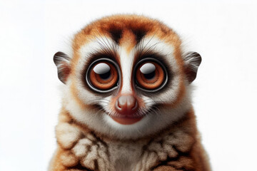 Portrait of slow funny Loris monkey with the big round eyes Isolated on white background.