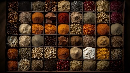 Vast array of different spices, top view