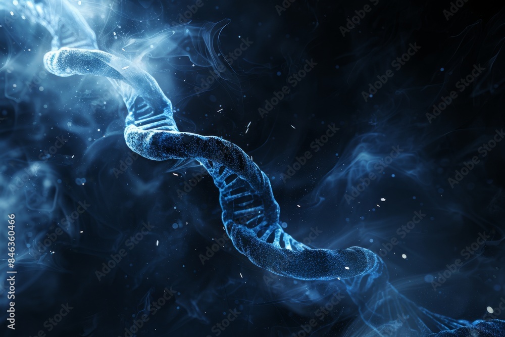 Poster abstract digital dna strand with blue neon lights and smoke, creating a surreal and dynamic composit