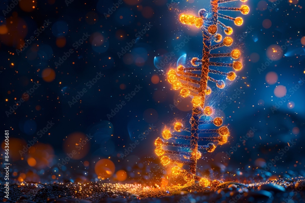 Poster futuristic digital dna strand with glowing neon lights and golden particles, creating a vibrant and 