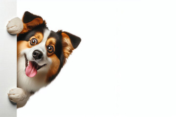 Funny surprised dog peeks out from around the corner Isolated on white background