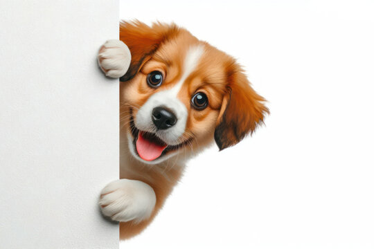 Funny surprised dog peeks out from around the corner Isolated on white background
