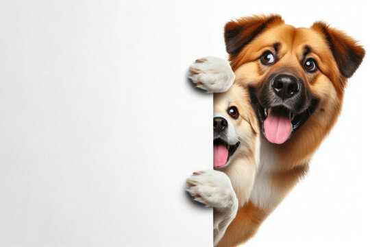 Funny surprised dog peeks out from around the corner Isolated on white background