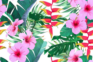 Tropical pattern. Hibiscus, monstera, flower of paradise, palm leaf.