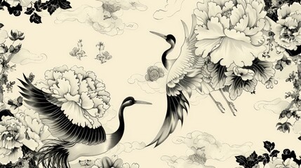 Modern seamless pattern of peonies and cranes in vintage . Abstract art illustration.