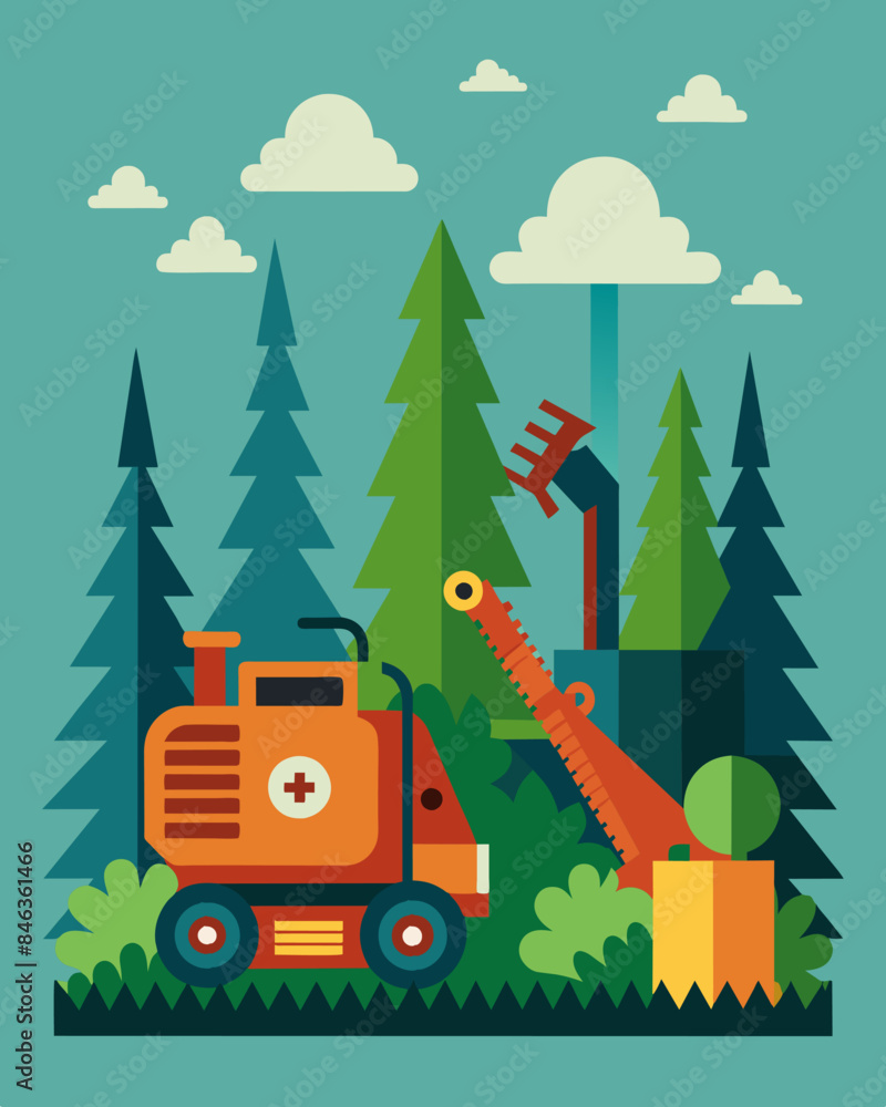Poster the sound of chainsaws and heavy machinery echoing through the forest as trees are mercilessly down.