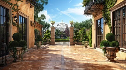 Obraz premium A sophisticated patio designed with symmetry and balance, featuring topiaries, an ornate wrought iron gate, and classic floor tiles.
