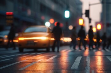 Blurry city street scene, People chaotically crossing the street while the traffic light glowing on background, motion blur