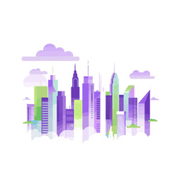 Obraz premium Flat vector illustration of a green city with buildings covered in vegetation and clouds in the background