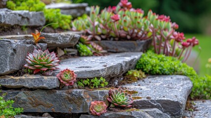 Sempervivum Rosettes Adorning Outdoor Rock Garden in Early Spring