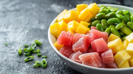  A tight shot of a bowl brimming with peas, melon chunks, and pineapple slices, along with other delectable food items