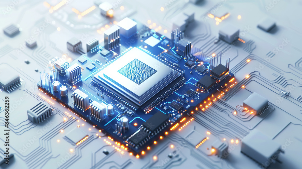 Poster Isometric view of microchips and chip technology on a white background, with a blue color scheme, in the style of tech illustration, as a digital rendering, with soft shadows. Generative AI.