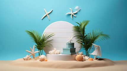 Fototapeta premium Set of cosmetic products on podium of the sandy beach. AI generated
