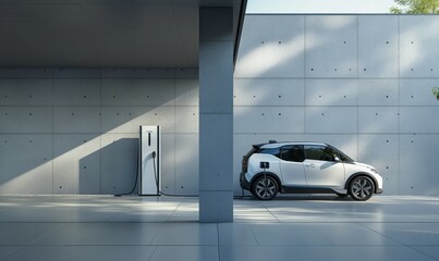 A sleek, small silver electric car is being charged at a state-of-the-art charging station in a...