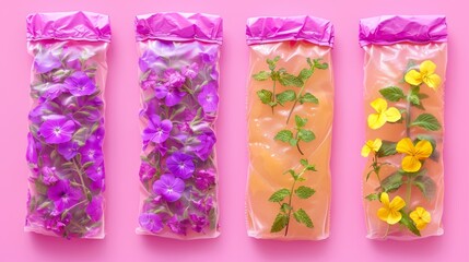  Three flower-filled bags rest atop a pink table, their contents bursting with green foliage and a vibrant mix of purple and yellow blossoms