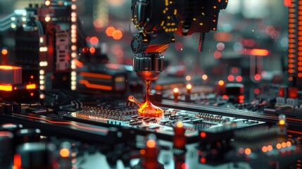 Robot Arms on Fully Automated PCB Assembly Line Inside Modern Electronics Factory. Electronic Devices Production Industry. Component Installation on Circuit Board.