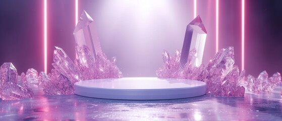 premium Crystal podium diamond 3d background display glass jewelry. stage adorned with pink and purple decorations, festive  and twinkling lights, set against a backdrop 