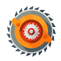 A circular saw blade icon with a flat design, simple shapes and bright colors to represent construction tools for wood working