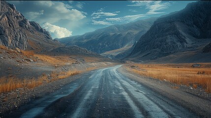 A driving along a primitive but navigable road, seen from the driver's perspective without a vehicle in the frame. This path, while rugged and less traveled. Generative AI.
