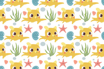 Fototapeta premium Sea life cute vector pattern. Sea animal, doodle style .Vector illustration for kids design, wallpaper, wrapping, textile, package design.