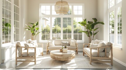 A sunroom with a minimalist Scandinavian style, featuring light wood furniture, neutral tones, and large windows allowing natural light to flood the space