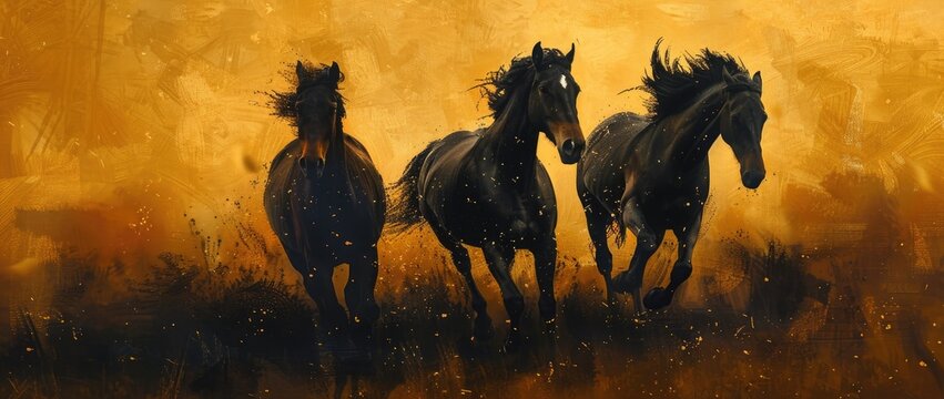 Beautiful horses running, A double black horse oil painting