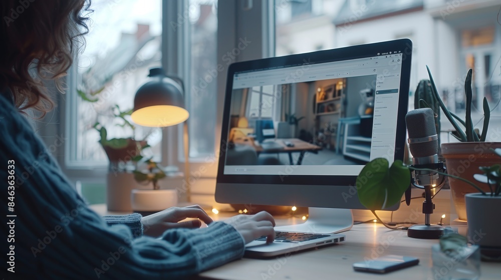 Aufkleber a person using a laptop on a modern work desk. the laptop screen clearly shows an e-commerce site fo