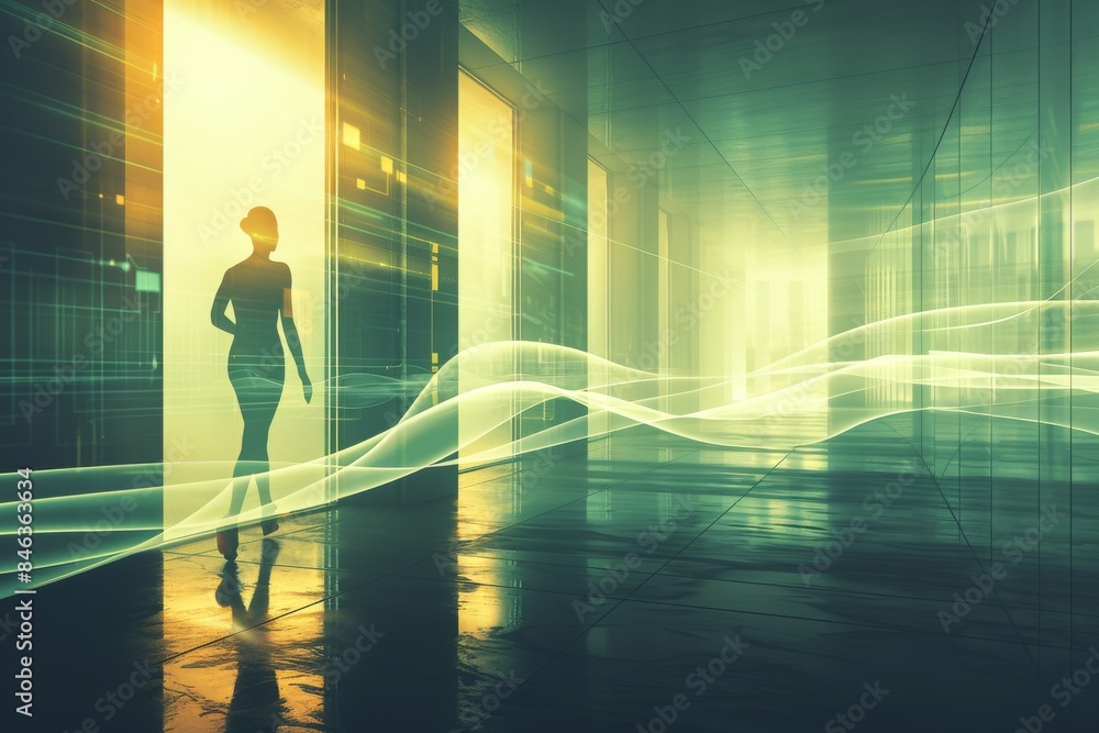 Poster futuristic corridor with glowing green lights, creating a surreal and dynamic composition in a moder